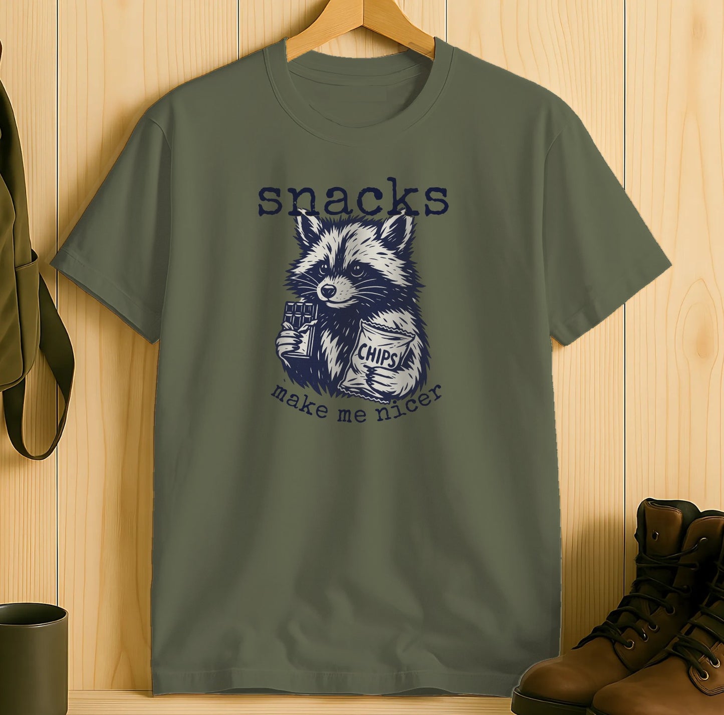 Snacks Make Me Nicer Raccoon Graphic T-shirt product type