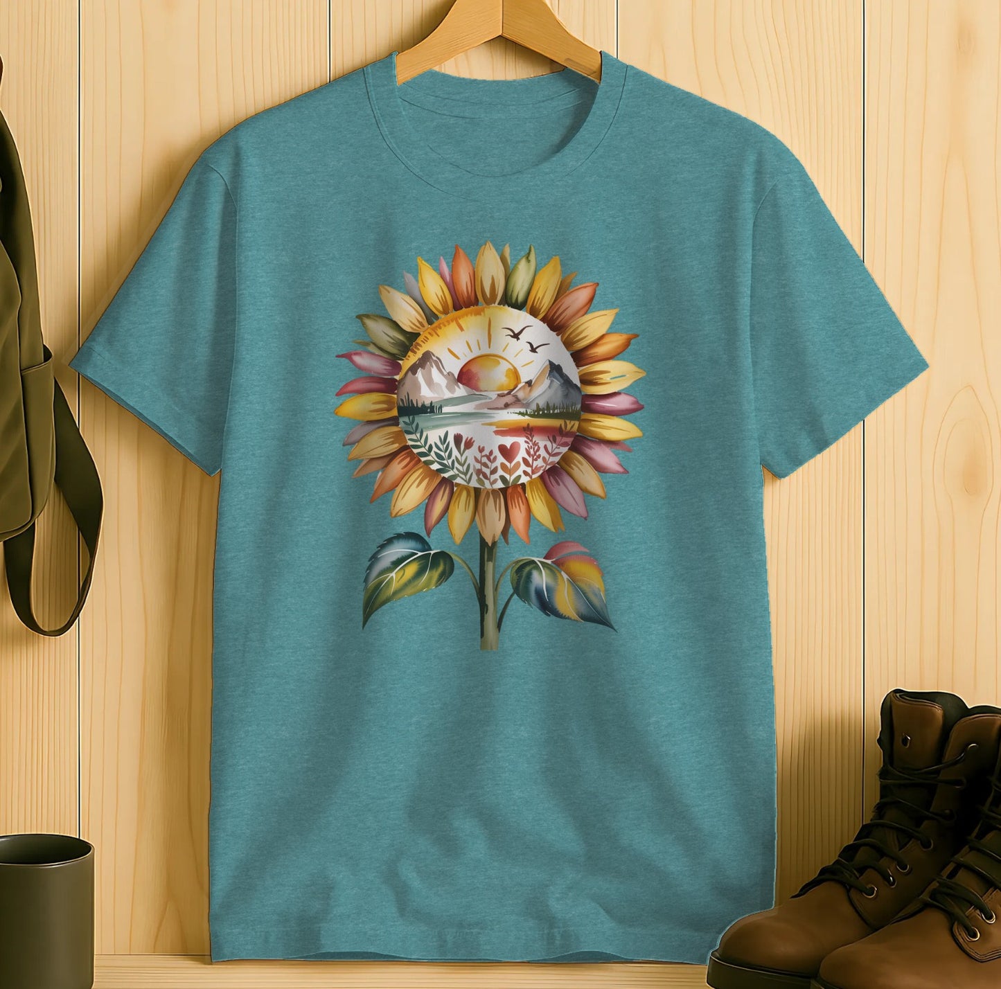 Vibrant Sunflower Mandala Nature Scene T-Shirt
