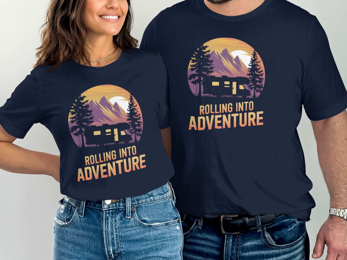 Rolling Into Adventure camping shirt with RV and sunset mountain design – gift for travelers and outdoor lovers