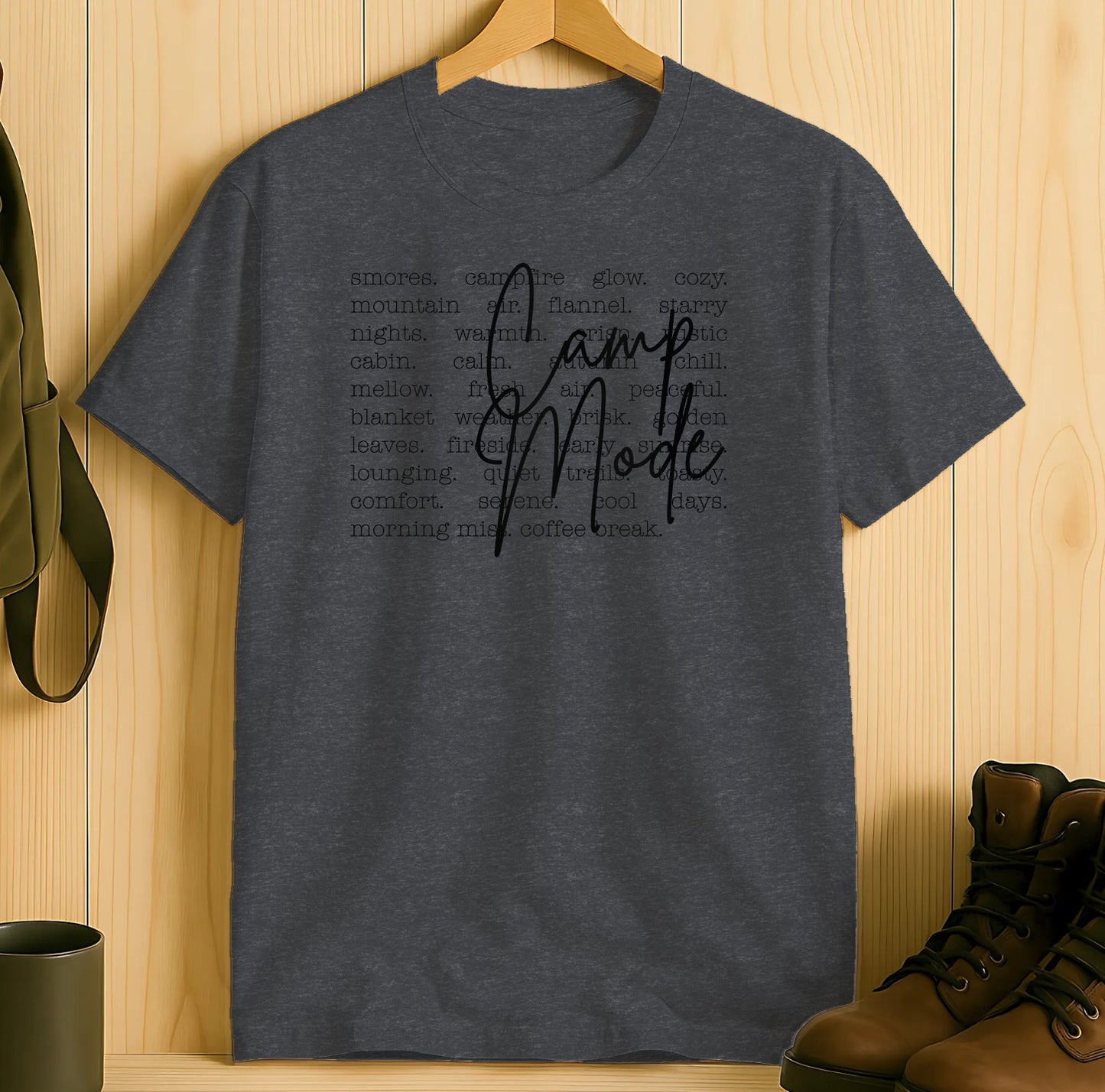 Cozy Camp Mode Gray Graphic T-shirt Perfect for Relaxing Days product type