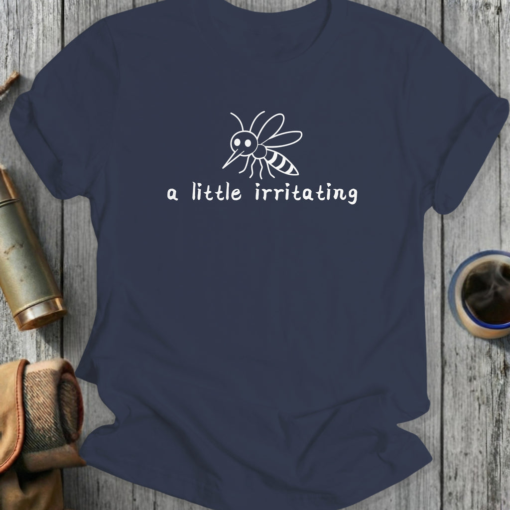 Navy t-shirt with a white line drawing of a mosquito and text.