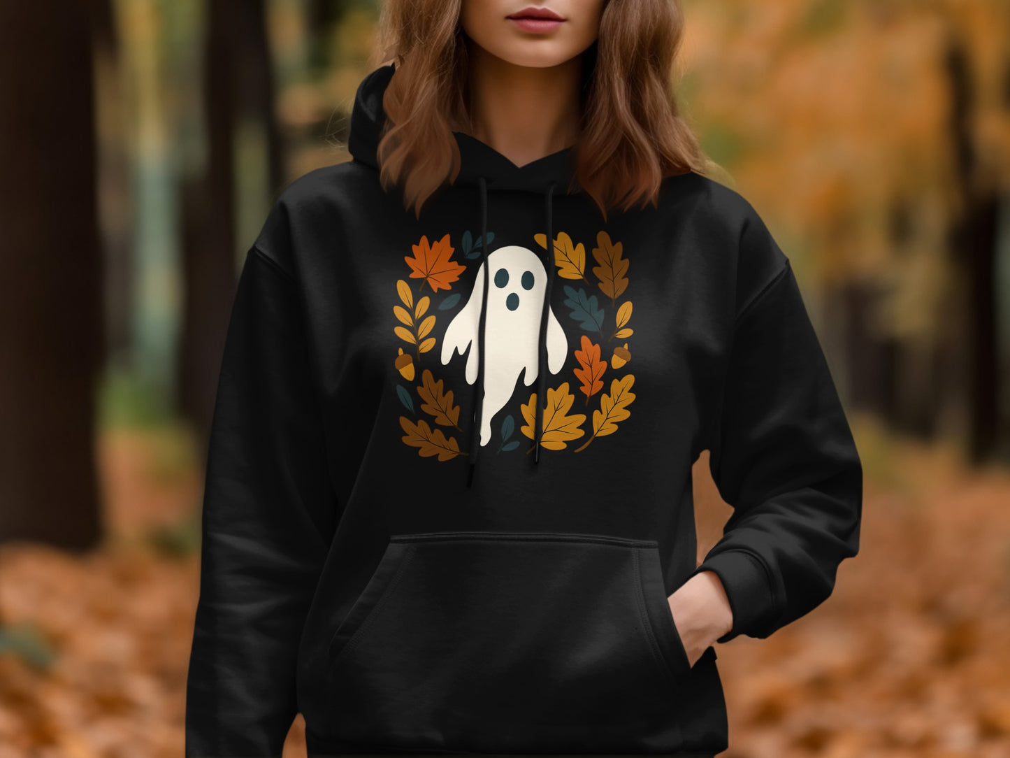 Cute Ghost Surrounded by Leaves Halloween Hoodie product