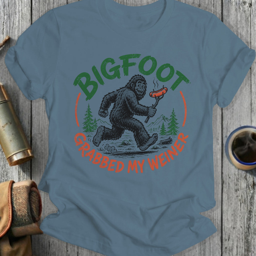 Bigfoot holding a hot dog, with text "Bigfoot grabbed my wiener."