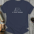 Navy t-shirt with a white line drawing of a tent and "a little intense" text.