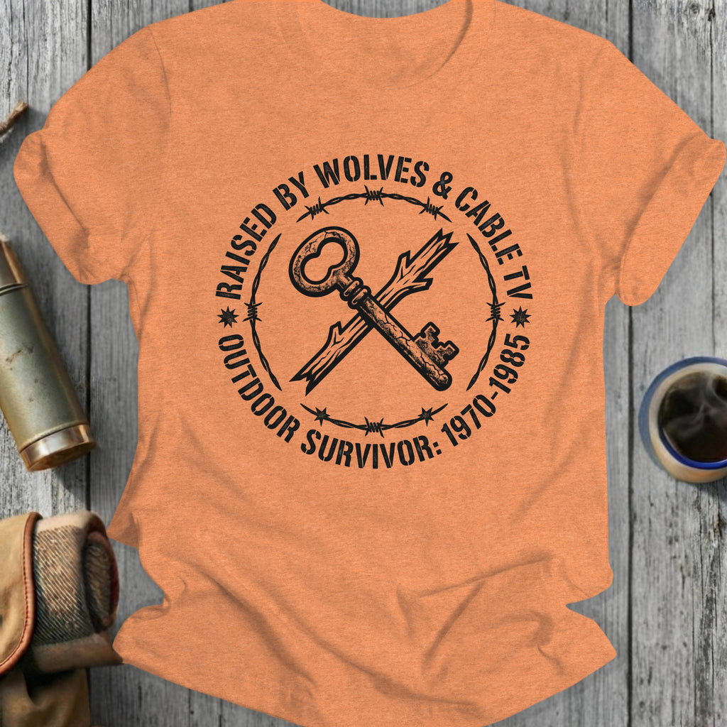 Orange t-shirt with a circular graphic featuring a key and barbed wire.