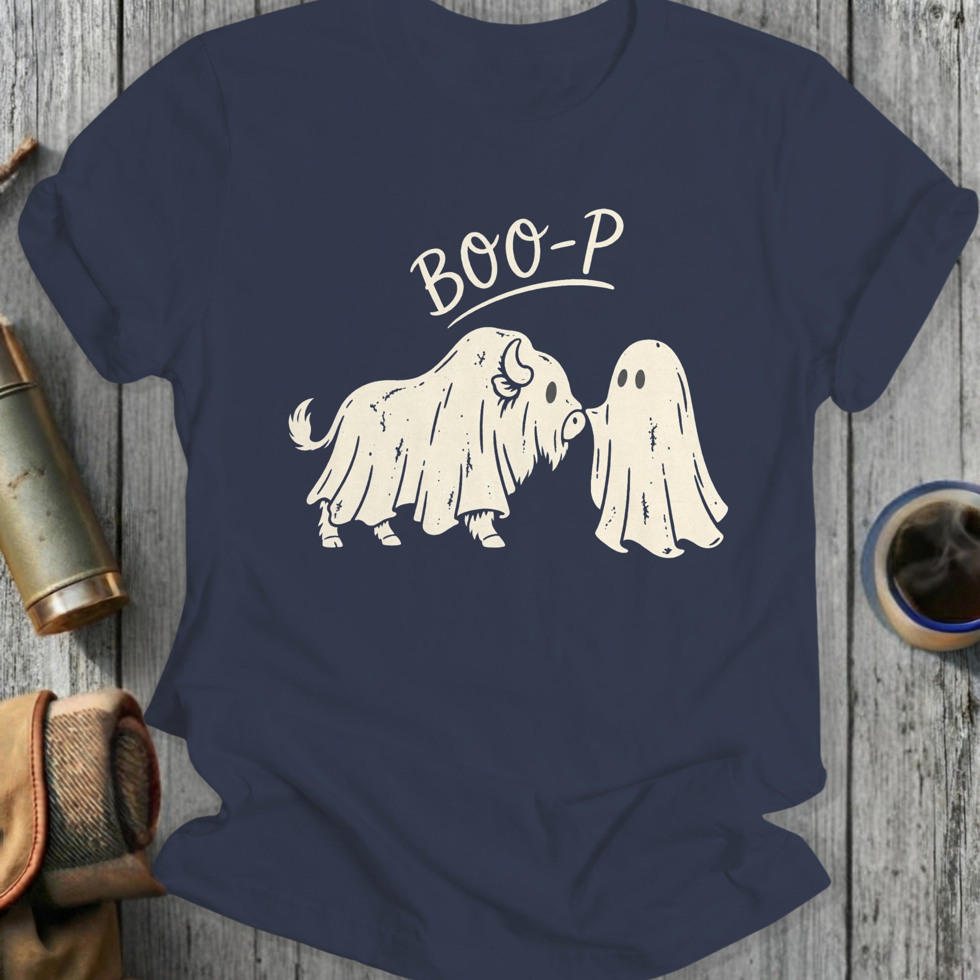 Bison and ghost graphic with "BOO-P" text on a navy t-shirt.