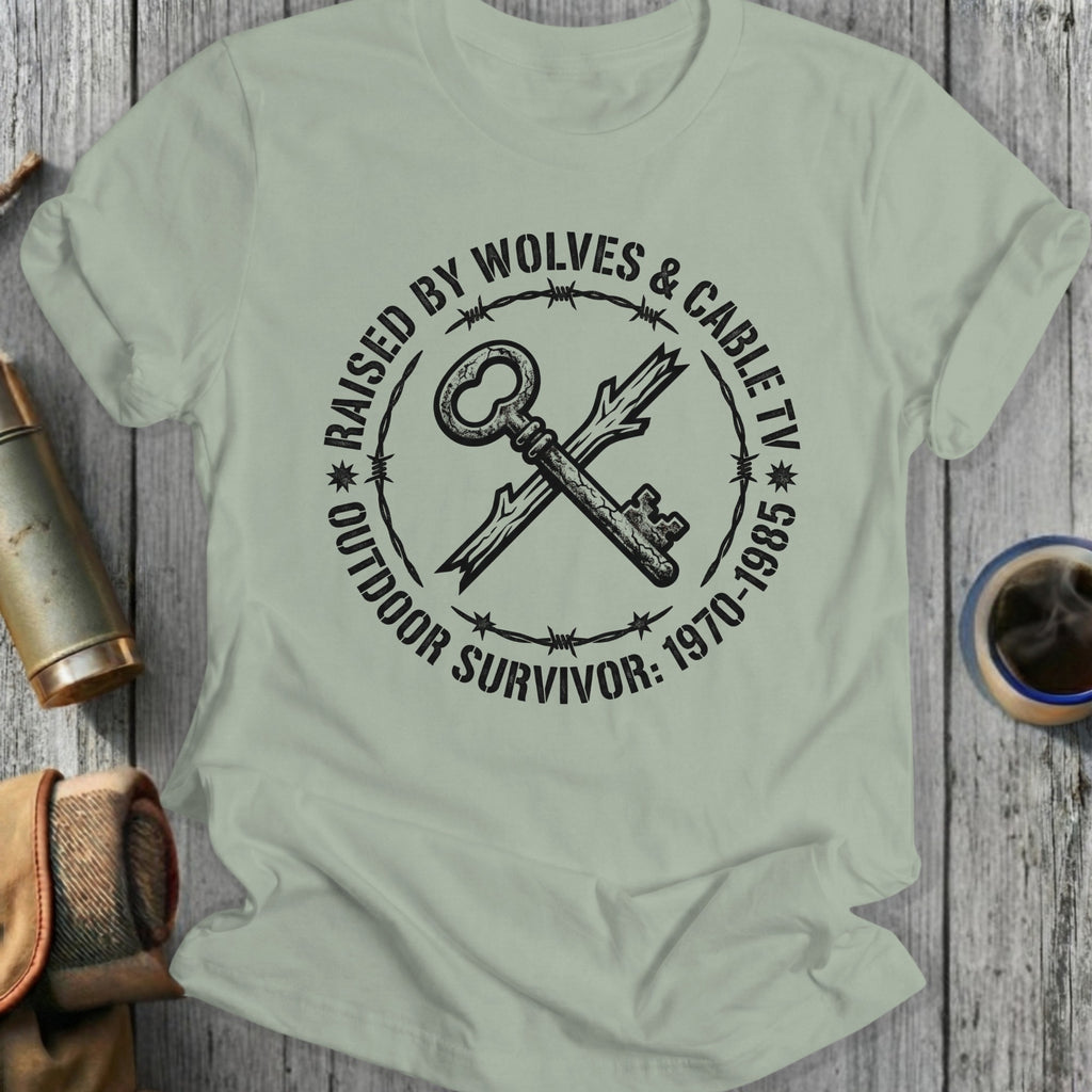 T-shirt with "Raised by Wolves & Cable TV Outdoor Survivor" text and crossed key graphic.