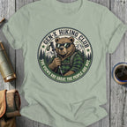 Bear wearing sunglasses holding trekking poles, "Gen-X Hiking Club" text.