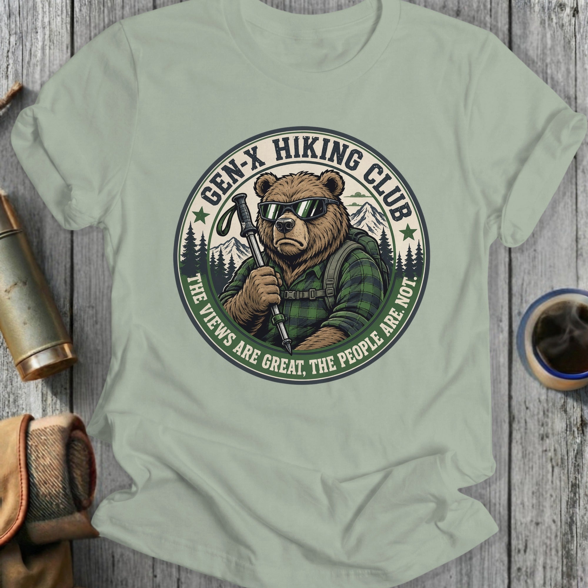 Bear wearing sunglasses holding trekking poles, "Gen-X Hiking Club" text.