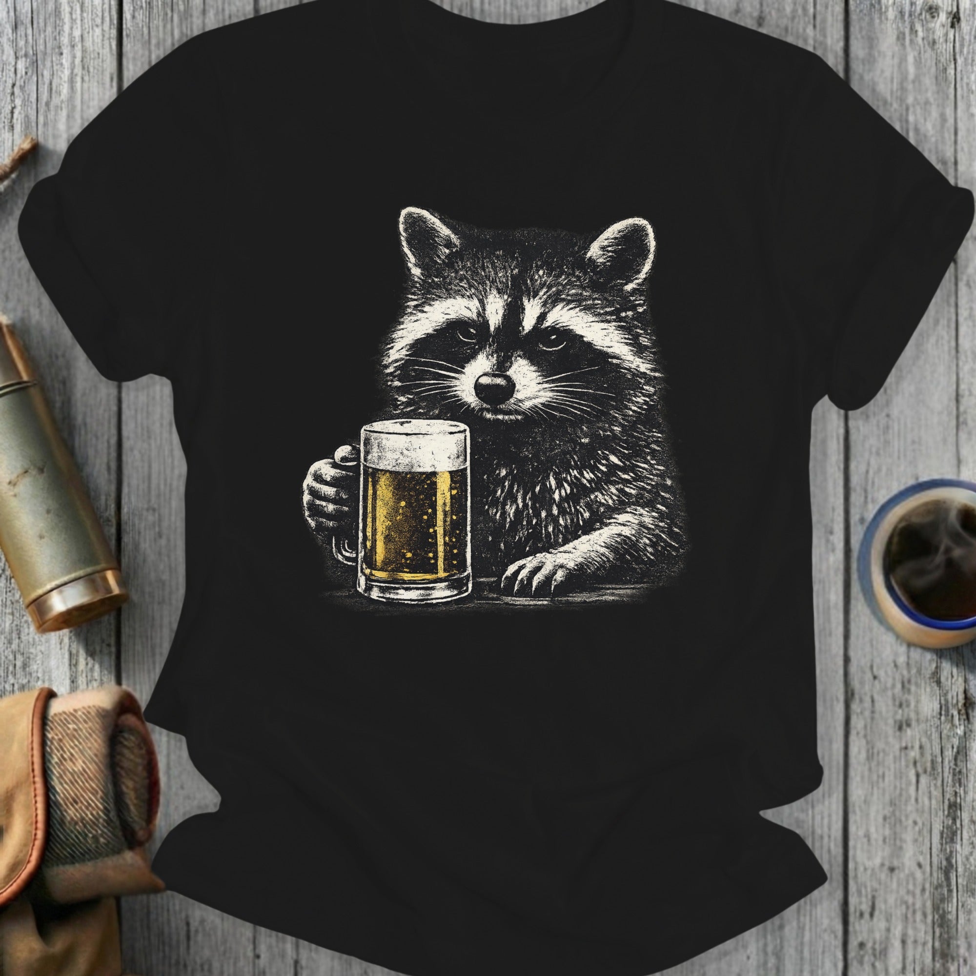 Raccoon Holding Beer Mug Graphic T-shirt