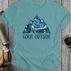 Mountains with starry sky and text "GOGH OUTSIDE" on a t-shirt.