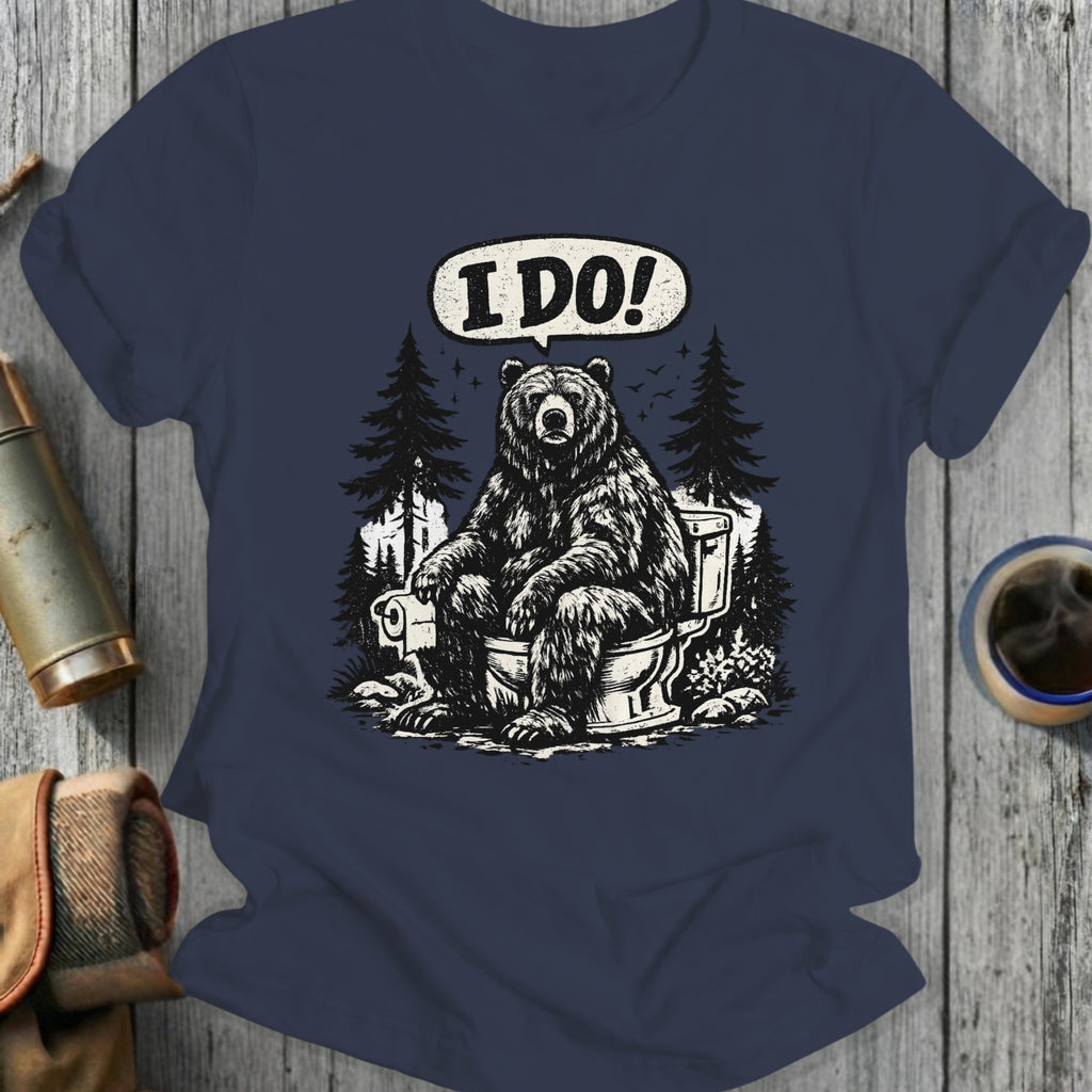 Bear sitting on toilet in forest, saying "I DO!"