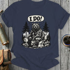 Bear sitting on toilet in forest, saying "I DO!"