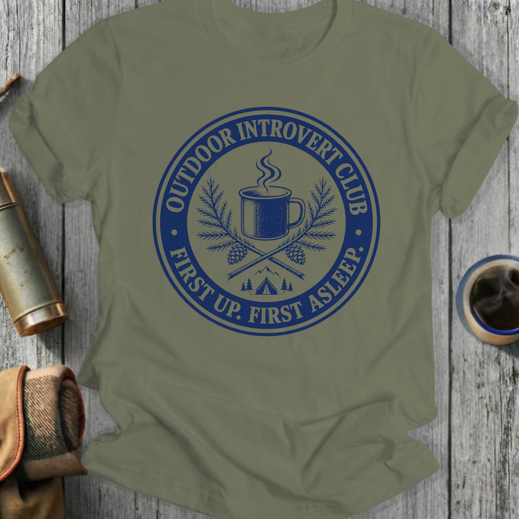T-shirt with blue text and graphic: "Outdoor Introvert Club, First Up, First Asleep".