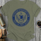 T-shirt with blue text and graphic: "Outdoor Introvert Club, First Up, First Asleep".