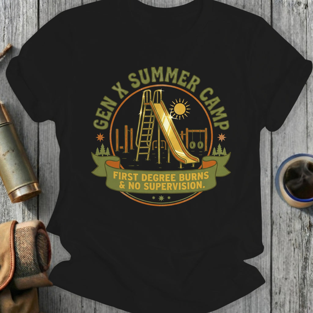 Gen X Summer Camp "First Degree Burns & No Supervision" graphic with slide and sun.
