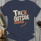 Navy t-shirt with "THINK OUTSIDE NO BOX REQUIRED" graphic.