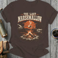 Brown t-shirt with "The Last Marshmallow" graphic of toasting a marshmallow over a campfire.