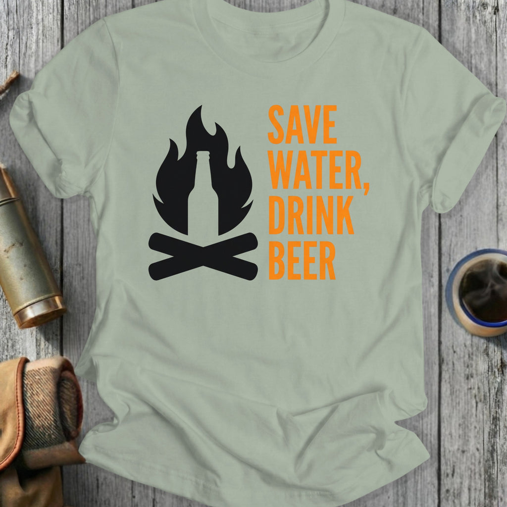 T-shirt with "Save Water, Drink Beer" and a flame-shaped beer bottle graphic.