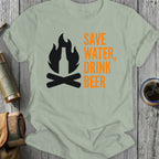 T-shirt with "Save Water, Drink Beer" and a flame-shaped beer bottle graphic.