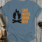 Save water, drink beer text with campfire and bottle icon.