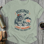 Skeleton hiking with backpack, "Hiking: Just Walking Where You Might Die" text.