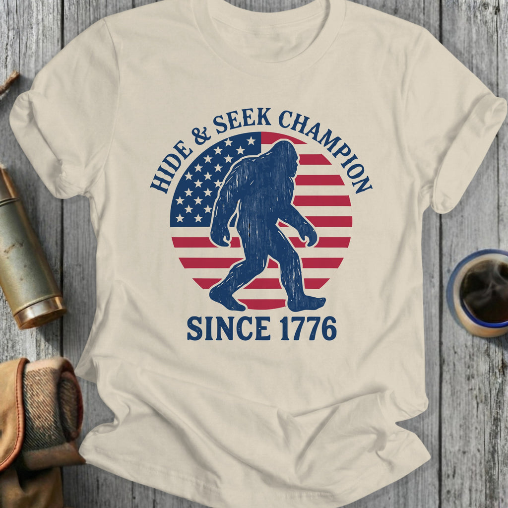 Bigfoot on US flag, "Hide & Seek Champion Since 1776".