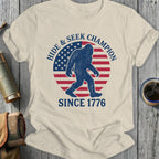 Bigfoot on US flag, "Hide & Seek Champion Since 1776".