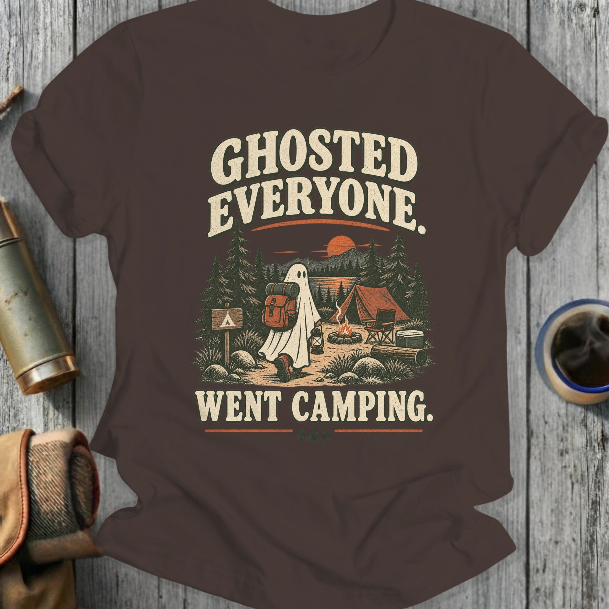 Ghosted everyone went camping text with a ghost walking in a forest camping scene.