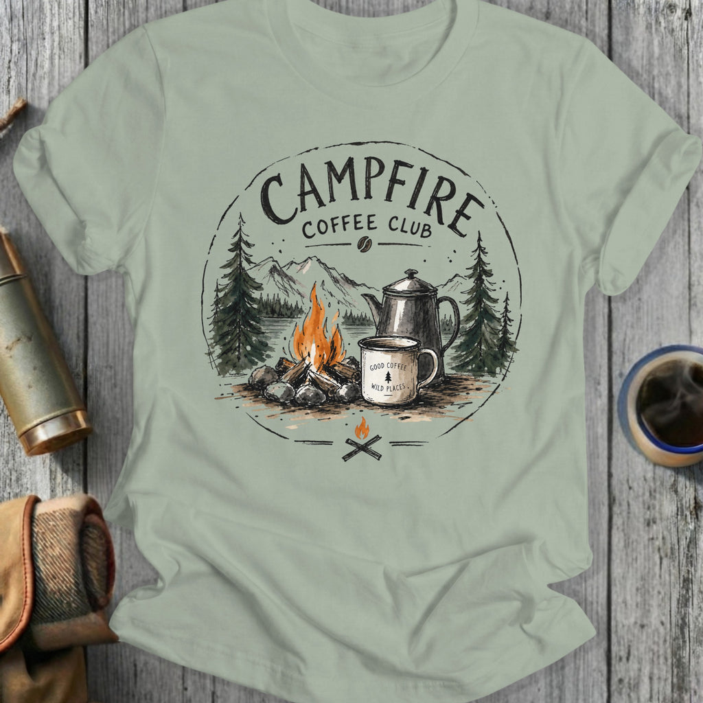 Campfire Coffee Club graphic with camping scene, cup, and kettle.