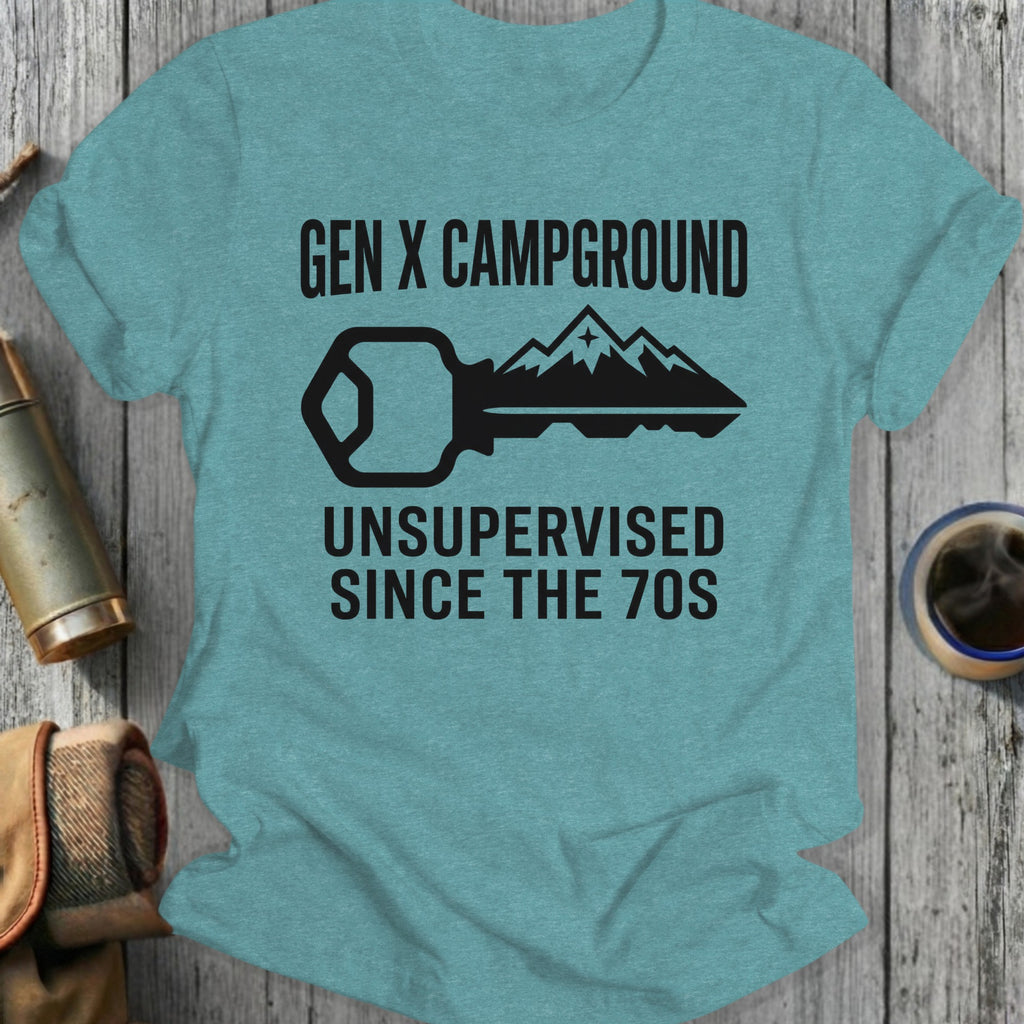 T-shirt with "Gen X Campground Unsupervised Since the 70s" text and key graphic.
