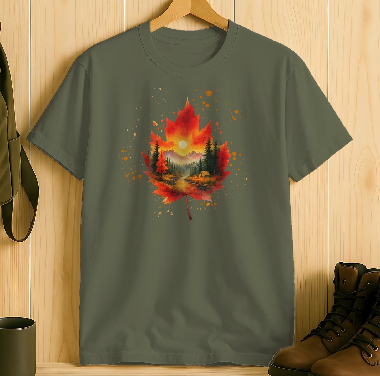 Scenic Autumn Leaf Print Crew Neck Short Sleeve T-shirt product