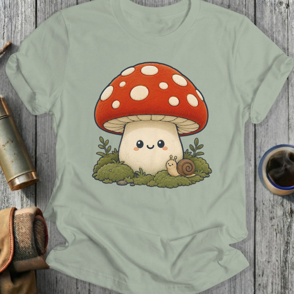 Cute smiling mushroom with red cap and white spots and a snail.