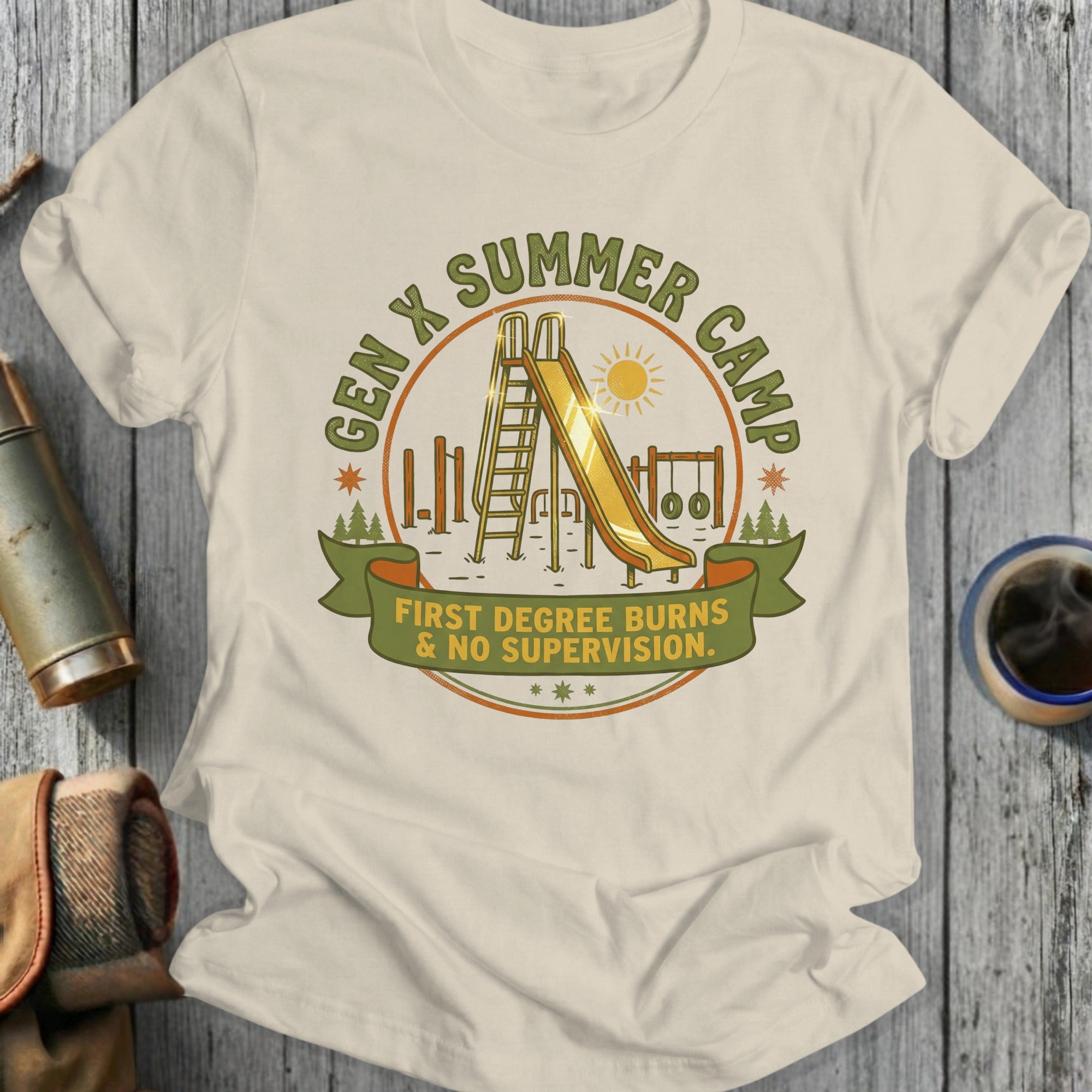 T-shirt with "Gen X Summer Camp First Degree Burns & No Supervision" text and playground graphic.