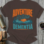 Brown t-shirt with "ADVENTURE before DEMENTIA" text and mountain landscape graphic.