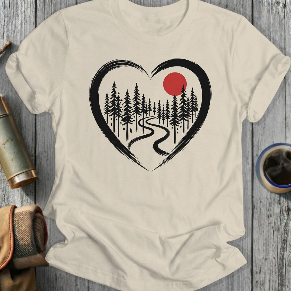 Scenic Forest Heart Design T-Shirt with Red Sun