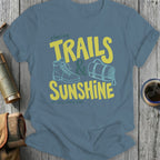 Blue t-shirt with "Chasing Trails & Sunshine" text, hiking boot, and rolled sleeping bag graphic.