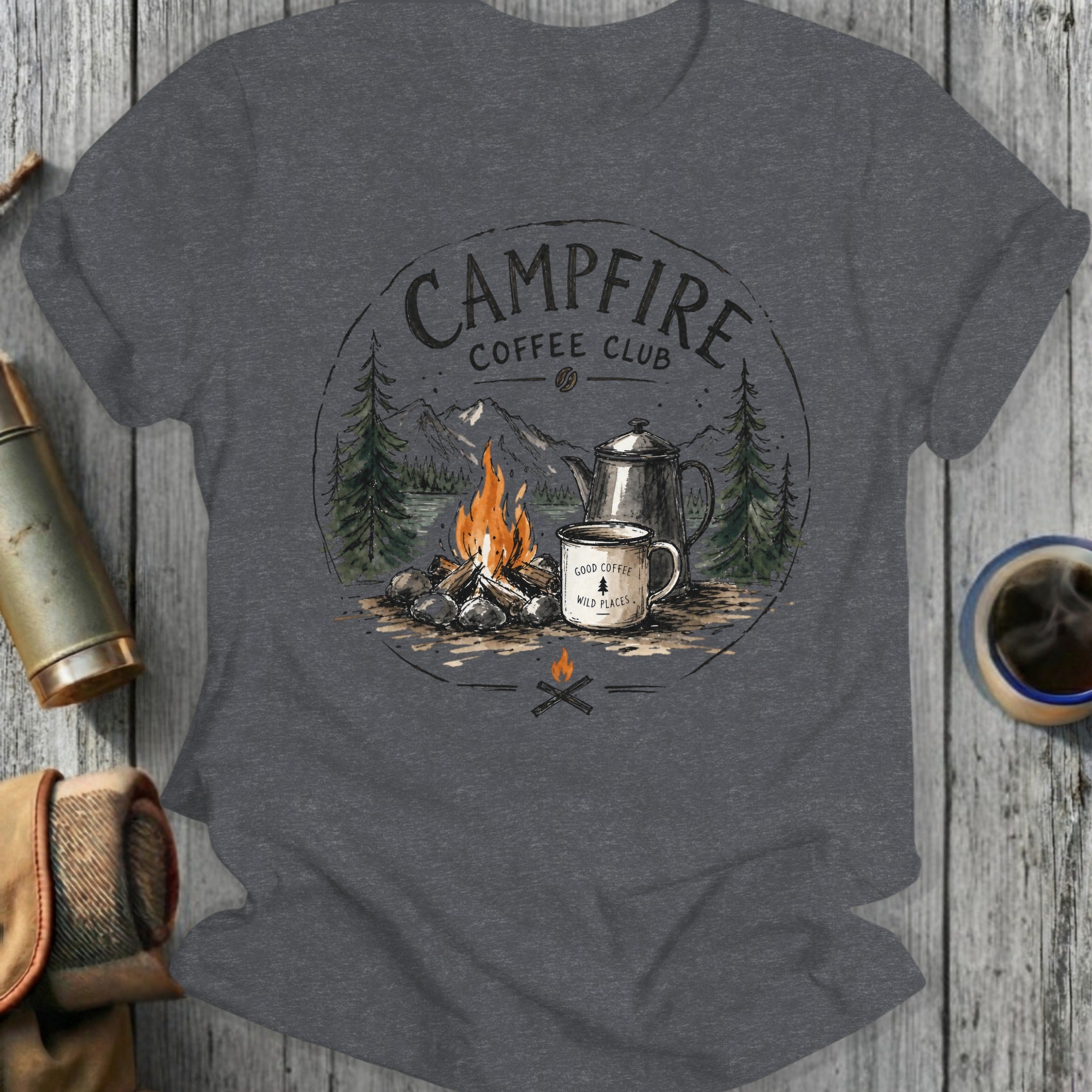 Campfire Coffee Club design with campfire, coffee pot, mug, and mountains.