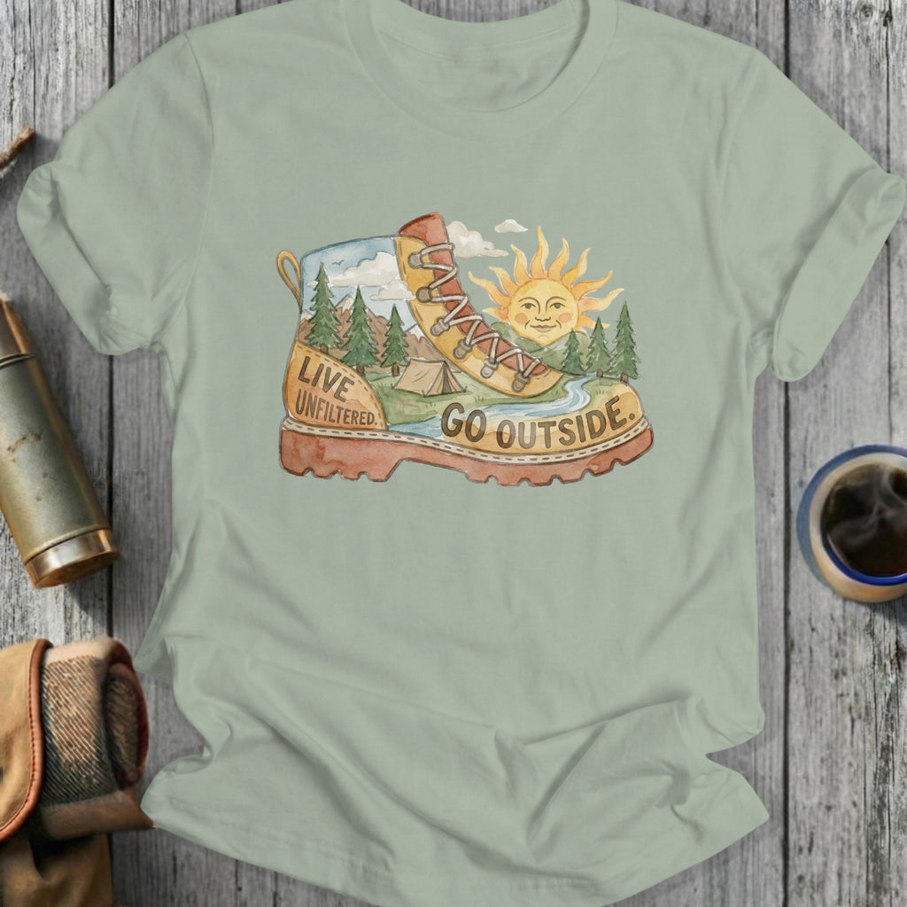 Boot graphic with camping scene and text "LIVE UNFILTERED. GO OUTSIDE."
