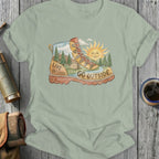 Boot graphic with camping scene and text "LIVE UNFILTERED. GO OUTSIDE."