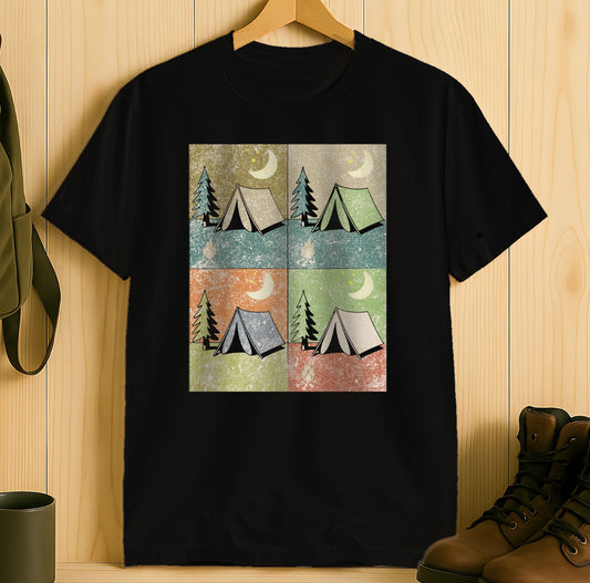 Camping Scene Graphic Design on Black T-Shirt product