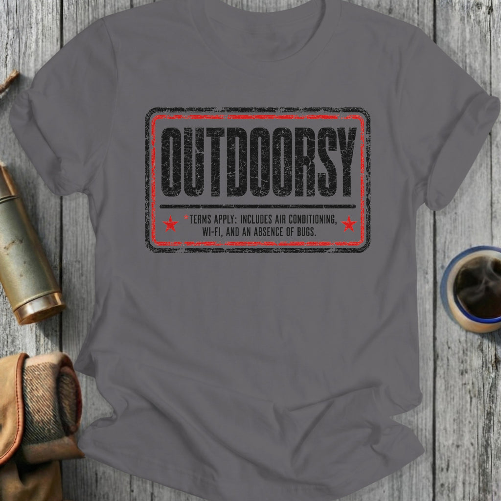 Gray t-shirt with "Outdoorsy" and "terms apply" text.