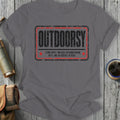 Gray t-shirt with "Outdoorsy" and "terms apply" text.