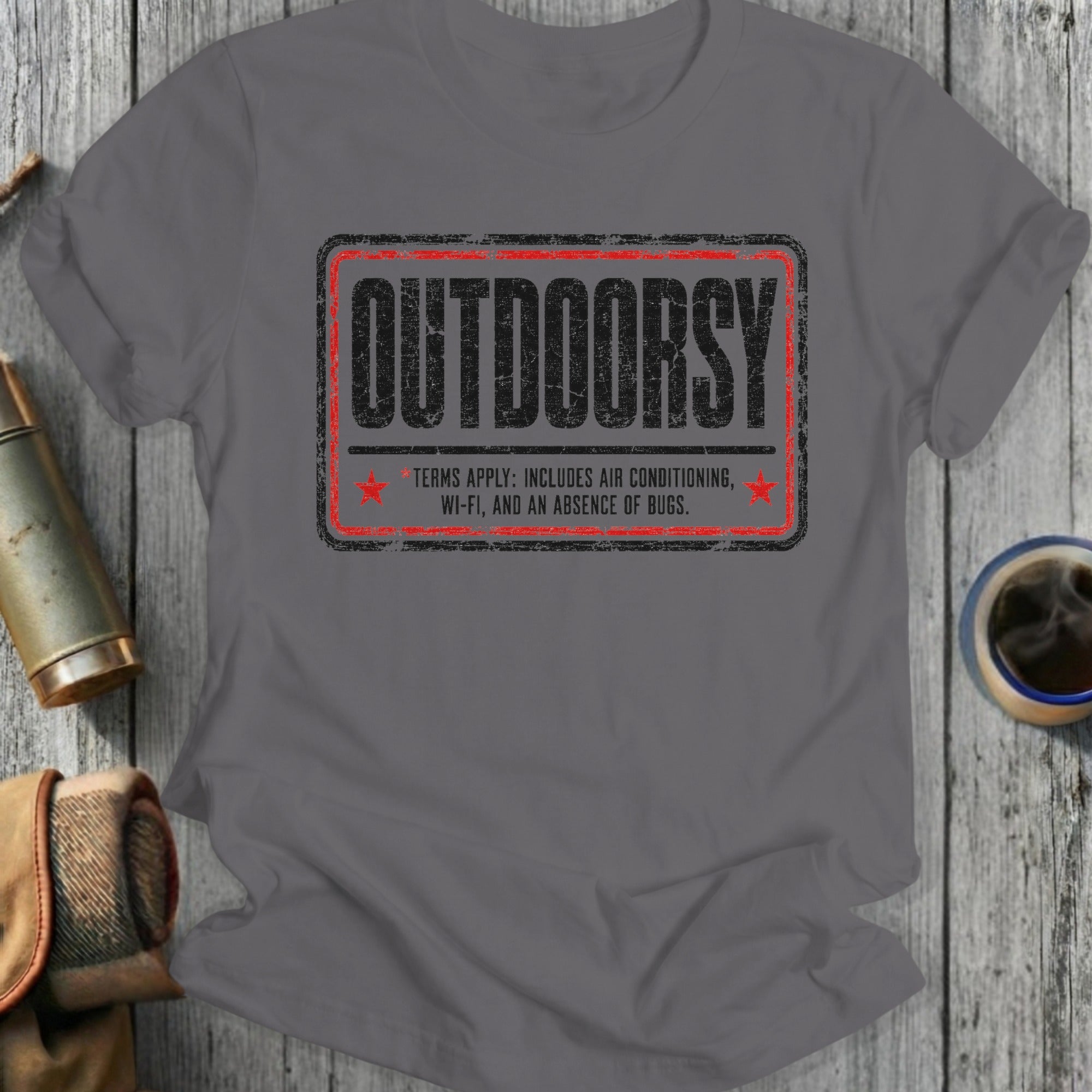 Gray t-shirt with "Outdoorsy" and "terms apply" text.