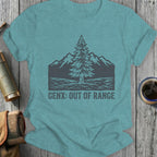 T-shirt with pine tree and mountains, "GENX: OUT OF RANGE" text.