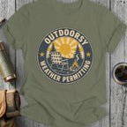 Green t-shirt with "Outdoorsy Weather Permitting" graphic featuring a campfire and chair.