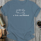 Blue t-shirt with white line drawing of a rat and text "a little overwhelmed".