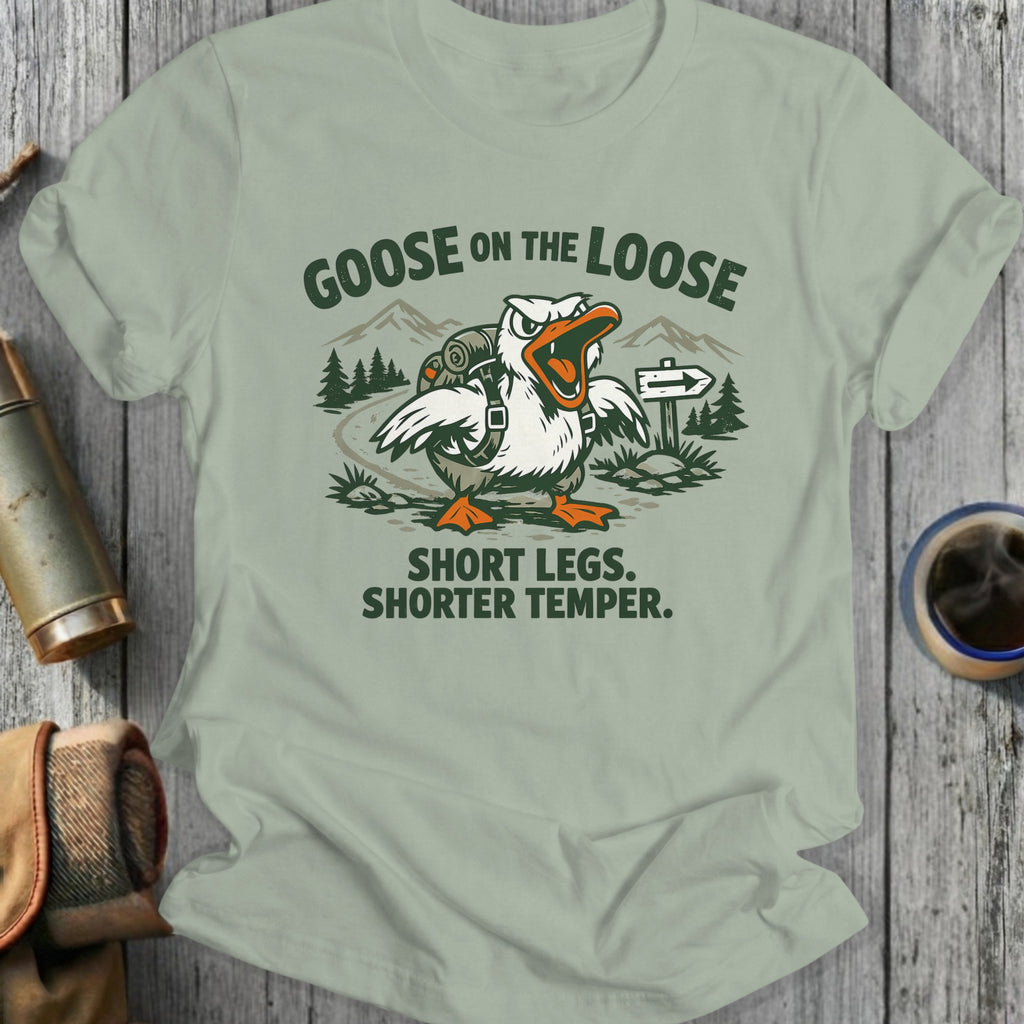 Goose on the loose graphic t-shirt with text.