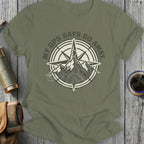 Green t-shirt with compass and mountain graphic, text reads "MY GPS SAYS GO AWAY."