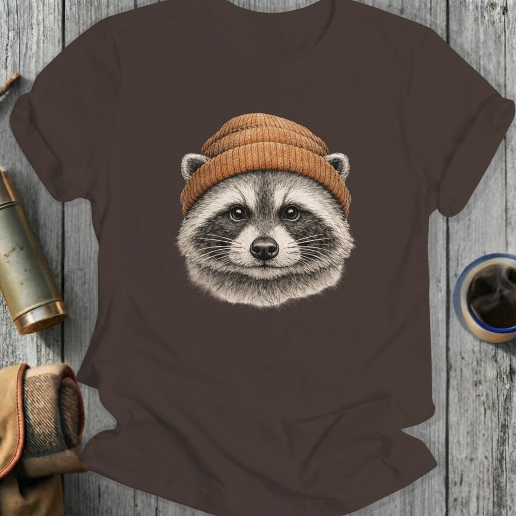 Raccoon with Brown Beanie Graphic Tee Shirt Product